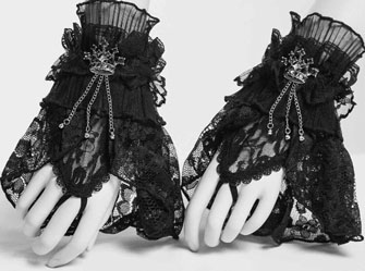 Red Night Gothic black poly lace Gothic Dolly wrist cuffs with finger loop, silver crown pin