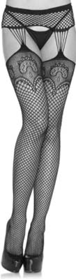 Leg Ave. black industrial net thigh high stockings with duchess lace top, strand garter belt.