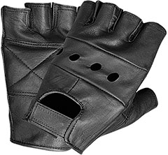 Black leather fingerless moto gloves
