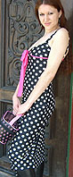 Attempt black white polka dot stretch poly short spaghetti strap dress with pink front tie and trim