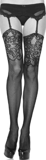 Leg Ave black fishnet thigh high stockings with jacquard lace top.