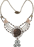 Elope steampunk multi chain gear necklace in antique two tone copper/silver finish with large center gear and hanging watch parts