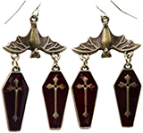 Bat earrings with 2 red/antique brass caskets