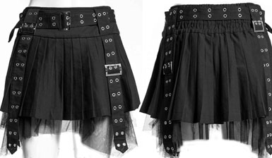 Red Night Gothic black cotton poly Dark Academia pleated mini skirt with buckles, mesh underlayer, elastic waist