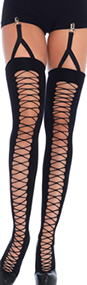 Leg Ave. lace up illusion opaque thigh high stockings with attached clip garter