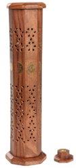 Standing Carved wood ash catcher incense burner with brass moon sun inlay