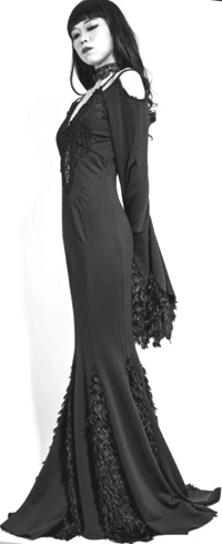 Black stretch Gothic mermaid long dress with long sleeves, cold shoulders