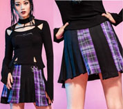 Red Night Gothic Punk asymmetrical pleated purple plaid belted skirt