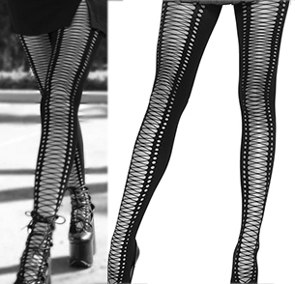 Leg Ave. black spandex seamless opaque crochet faux lace up tights