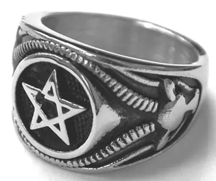 Stainless steel pentagram ring with rams head on side