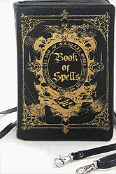 Comeco black vinyl book of spells clutch bag with 23 inch strap