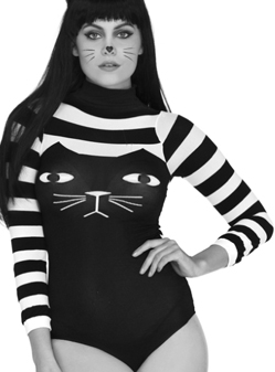 Leg Ave. black nylon spandex cat bodysuit/body stocking with snap crotch, long striped sleeves
