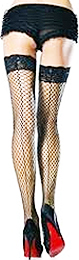 Leg Ave. black stay up lycra industrial fishnet lace top thigh high stockings with back seam