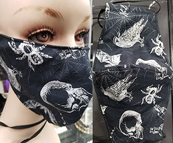 Black/white raven spider skull lined hand made washable tie on surgical mask
