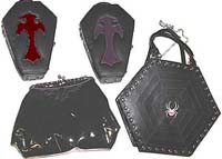 Blk patent gothic leather bat purse, coffin purse, spider purse