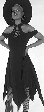 Killstar black stretch poly elastane Mysterious Soul dress with hanky hem, laced front, cold shoulders