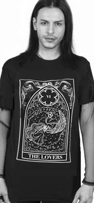 The Pretty Cult 100% cotton The Lovers Tarot Card unisex black t-shirt with fishnet sleeves