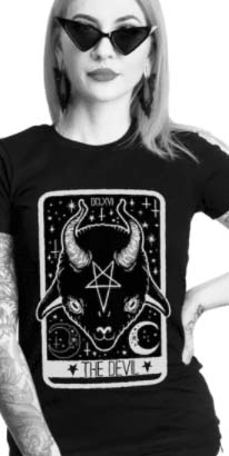 Baby Goat Devil Tarot Card Too Fast bold graphic womens black t-shirt