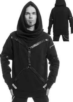  Heartless mens' black cotton poly hooded Adam top with vinyl straps