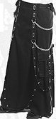 Tripp long blk o-ring charm cargo skirt with side pocket, chain, oval-rings, fabric bondage straps