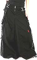 Tripp long black till cargo skirt with blk rubber straps, skull stud side pocket detail, rubber rivet detail on pockets