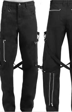 Tripp men's/unisex black/black cotton X strap zip off wide leg pant with straps, eyelets, zips