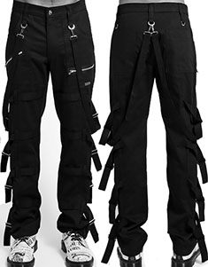 Tripp mens' black cotton twill super strap bondage pants with zipper details, adjusable side buckles
