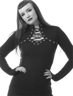 Poizen Industries black long sleeve laceup neck Amoret ladies' top with eyelet detail