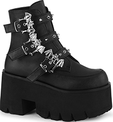  Pleaser/Demonia black vinyl Ashes 3 1/2 inch chunky heel platform lace up Ashes ankle boot with 3 stud bat straps