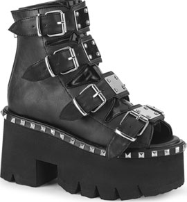 Pleaser/Demonia black pu/holo 3 1/2 inch chunky heel Ashes platform lace up ankle boot with back metal zip, open toe