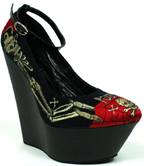 Too Fast black and red wedge ankle strap heel embroidered with skeletons and poison graphic on toe