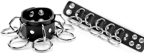 Funk Plus black leather snap bondage bracelet with 5 medium loops and rings 