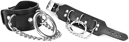 Funk Plus black leather buckle bondage bracelet with 1 large ring and chain
