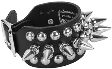 Funk Plus leather buckle bracelet with one row of one inch spikes, 2 rows round studs