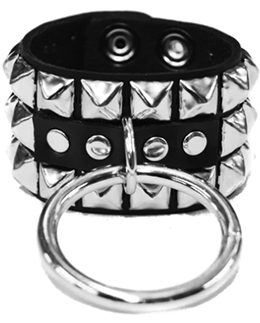 Funk Plus genuine leather 1 3/4 inch chrome pyramid stud and ring bracelet