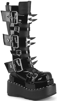 Pleaser/Demonia black patent lace up 5 inch chunky heel platform women's Bear knee boot with large spikes, 3 buckle straps