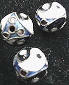 Small 5/16 inch round black, blue, white filigree metal yin yang bead imported from India