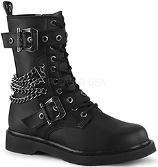 Pleaser/Demonia black vinyl vegan Bolt mid calf combat boot with 1 1/4 inch heel