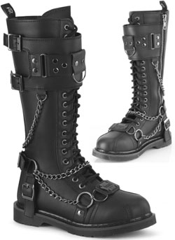  Demonia /Pleaser 1 1/4 inch heel 18 eyelet mid calf faux leather/vegan leather Bolt knee high combat boot with studded buckle top panel, harness strap, metal plate toe, inside zip 