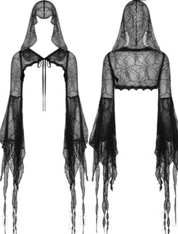 Dark in Love Black Widow black poly spiderweb mesh bolero top with flared sleeves, scallop lace trim, drawstring fastener