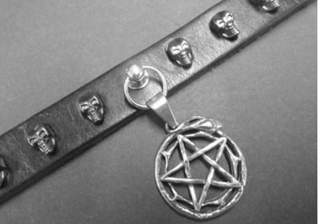 Genuine black Solstice leather choker with skull studs, pentagram pendant