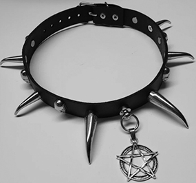 Black leather Solstice choker with pentagram skulls and bent cones