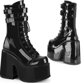 Pleaser/Demonia black pu shiny patent lace up 5 inch block heel platform women's Camel mid calf boot with back zip, double hook loop and straps