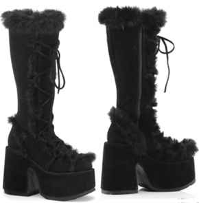 Pleaser/Demonia black 5 inch chunky heel platform women's Camel gogo faux fur knee boot with zip.