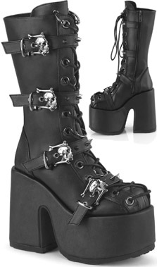  Pleaser/Demonia black pu lace up 5 inch chunky heel platform women's skull buckle Camel boot