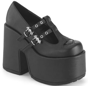 Pleaser/Demonia black vinyl 5 inch chunky heel T-Strap women's Camel Mary Jane shoe with bat buckles