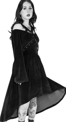 Poizen Industries black poly cotton velvet Charlene bell sleeve hi lo cold shoulder dress