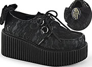  Pleaser/Demonia black 3 inch lace overlay creeper with detachable bow and skeleton hand