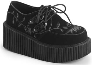 Pleaser black velvet 3 inch platform sole lace up ladies' creeper with embroidered flower on toe