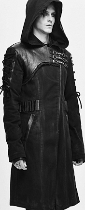 Devil Fashion men's distressed hooded Exodus jacket with laced upper sleeve, faux leather finish, asymetric zip closure  